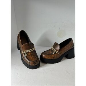ASOS DESIGN Spicy Chunky Mid Heeled Loafers with Chain in Tan Snake Size 10